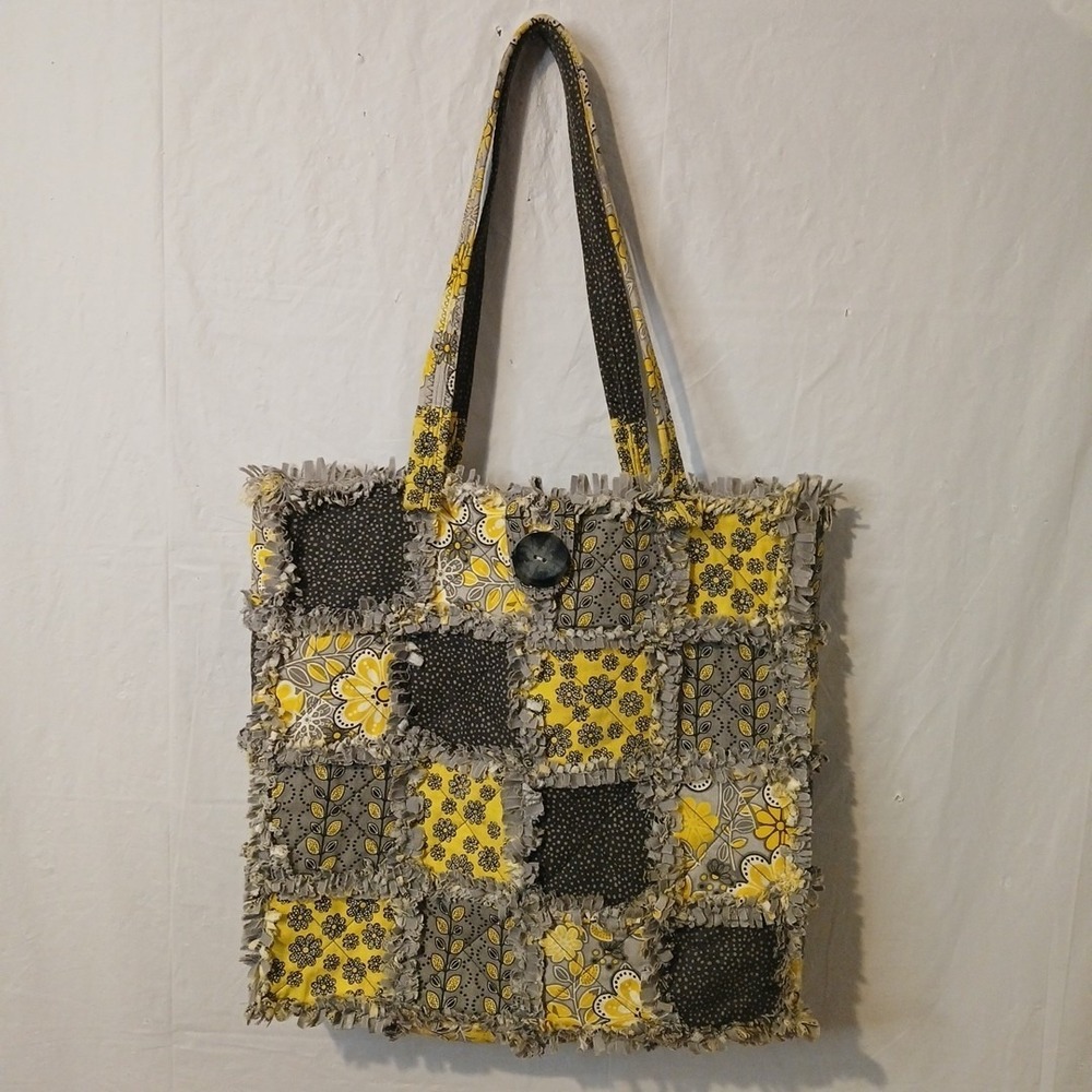 Handmade Quilted Bag Large With Button Closure Yellow Gray And Black